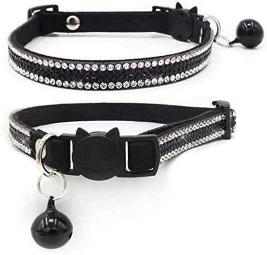 Breakaway Cat Collars  Adjustable Safe Cat Collar with Bell Velvet Kitty Collar for Cat Kitten Bling Rhinestone Girl Boy, 1Pcs (Black)