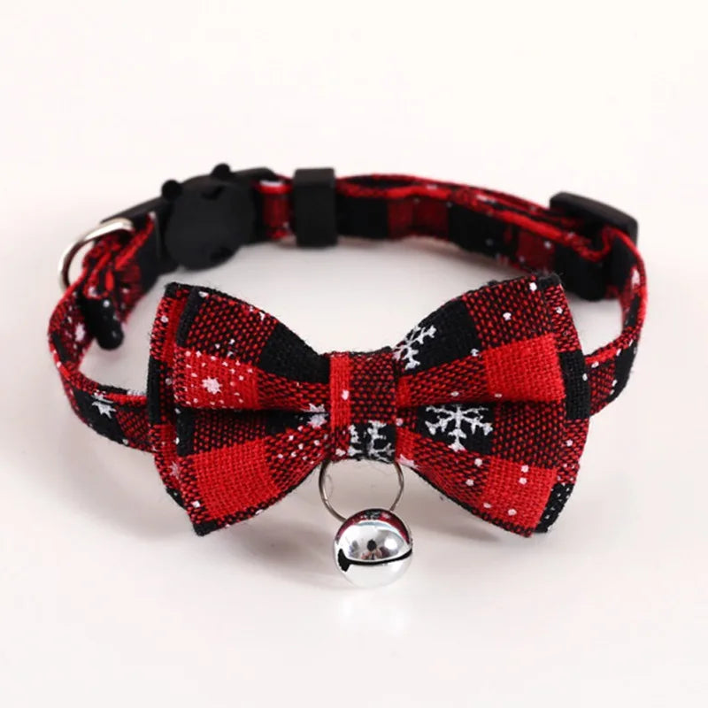 Christmas Small Dog Cat Collar Adjustable Detachable Bow Tie Cat Collar with Bell Cute Plaid Bowknot Pet Collar for Puppy Kitten