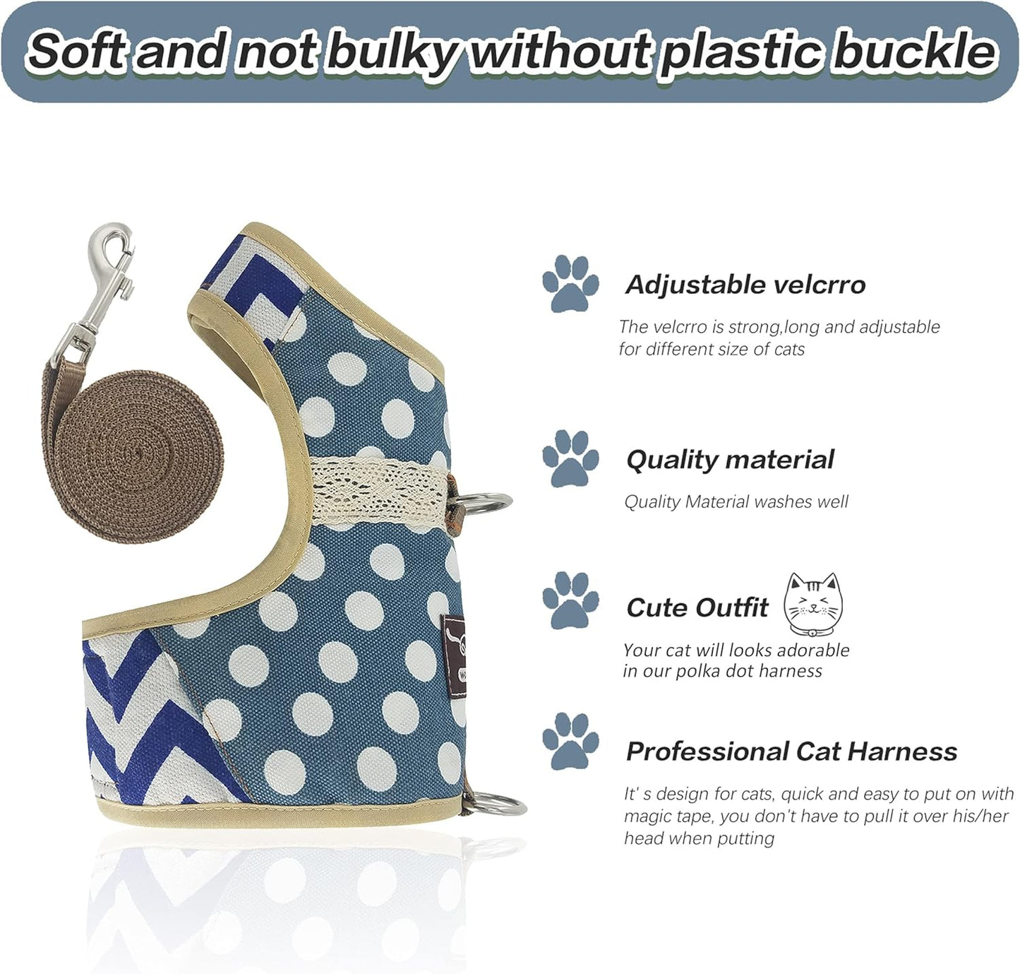 Cat Harness and Leash for Walking Escape Proof, Adjustable Cat Vest Harness, Padded Stylish Cat Walking Jackets, Polka Dot Blue, Large