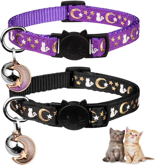 2PCS Breakaway Cat Collars with Bell Moons Stars Cute Kitty Adjustable Safe Kitten Collars with Pendant Glow in the Dark(Black&Purple)