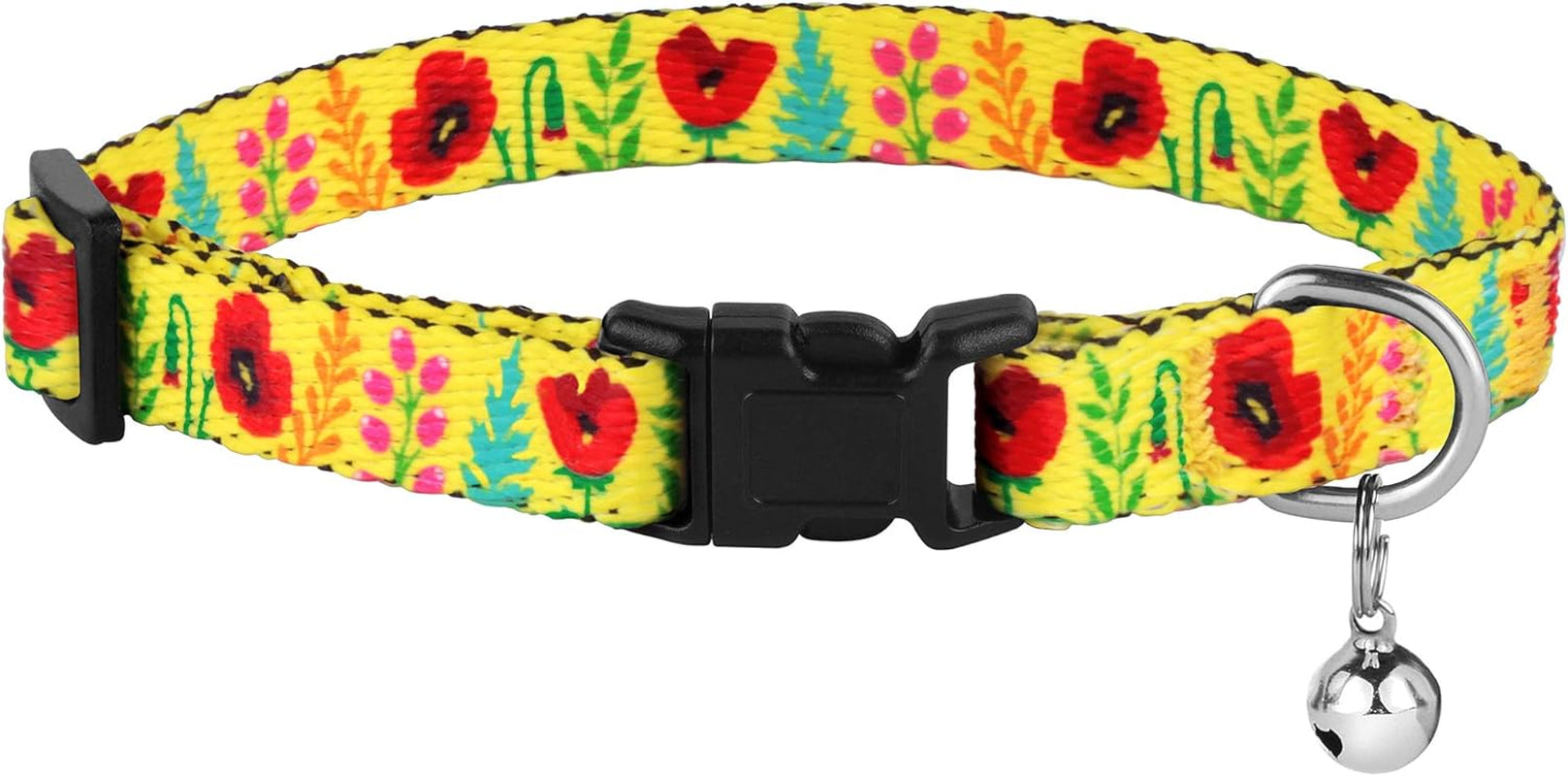 Cat Collar with Bell Floral Pattern 2 Pack Set Flower Adjustable Safety Breakaway Collars for Cats Kitten (Black + Yellow)