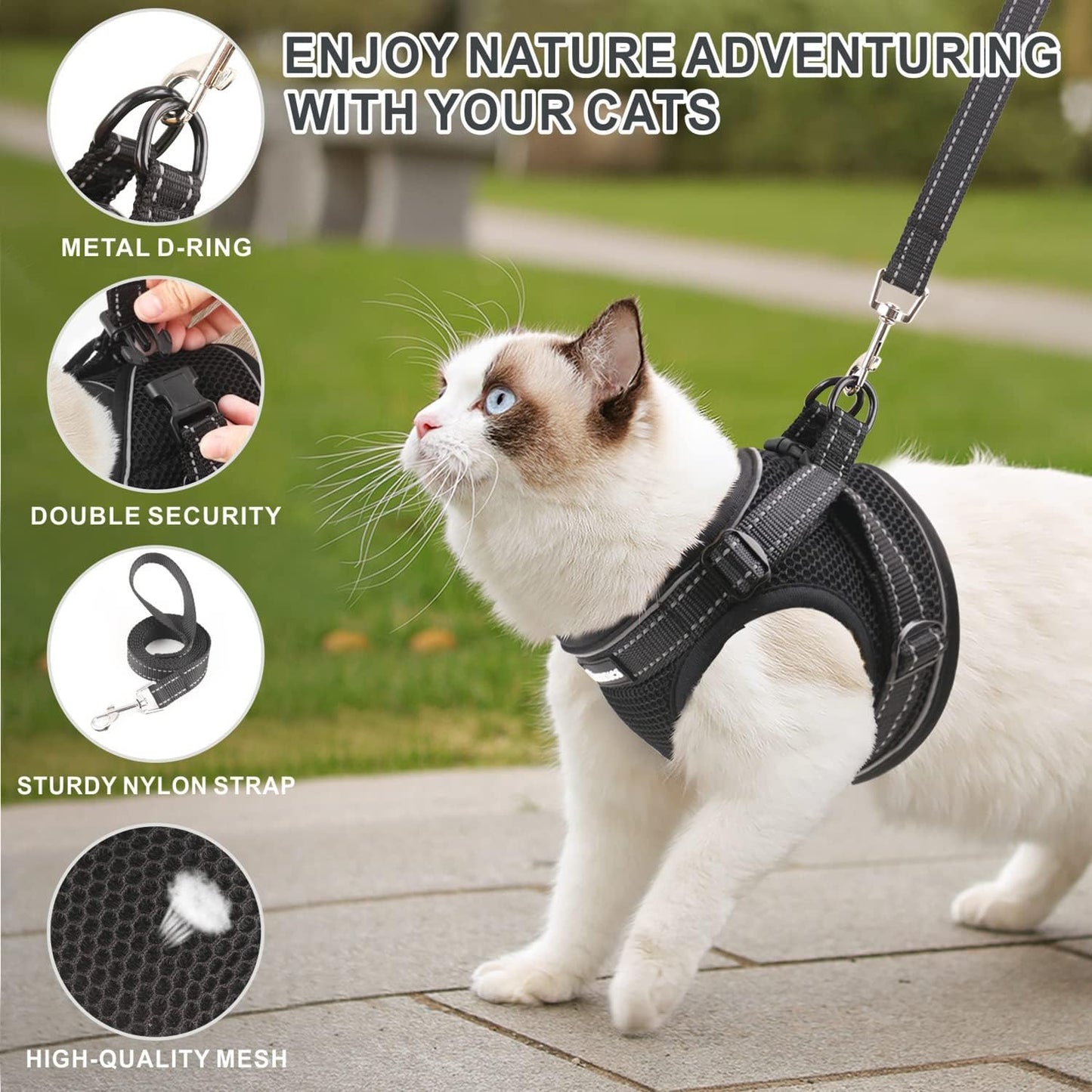 Cat Harness and Leash Set for Walking Escape Proof, Easy-To-Wear Adjustable Cat Harness with Reflective Strap - Comfort Fit for Pet Kitten Cat (S, Black)