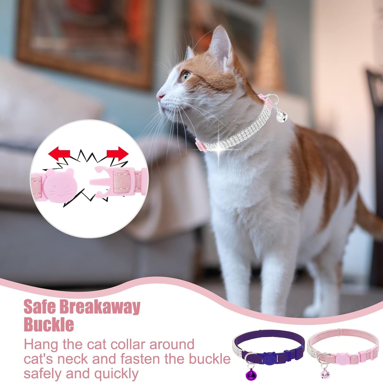 Soft Velvet Safe Cat Collars for Girl Cats -2 Pack Rhinestones Bling Diamante Adjustable Collars - Cat Collar Breakaway with Bells for Boy Cats Kitty and Small Dogs