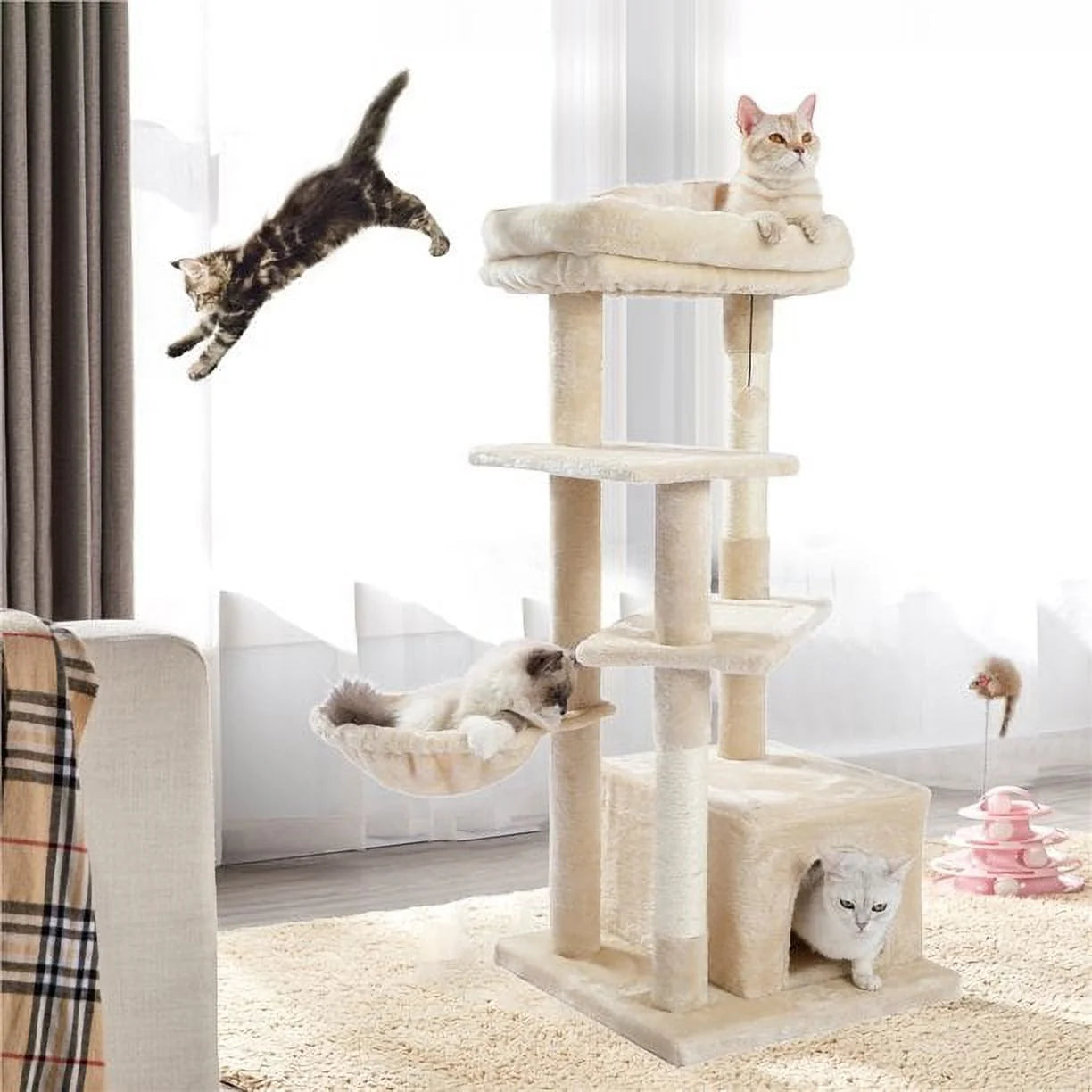 Cat Tree for Indoor Cats, 45Inches Multi-Level Cat Tower with Sisal Covered Scratching Posts, Spacious Condo, Cozy Hammock and Plush Top Perch