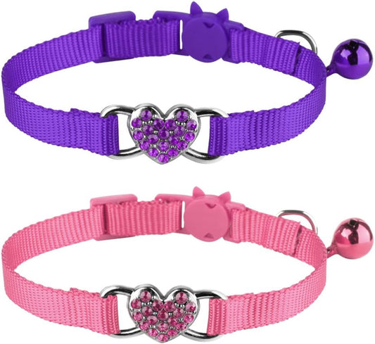 2 Pcs Cat Collars Heart Bling Breakaway with Bell Nylon Adjustable for Kitty (Pink+Purple)