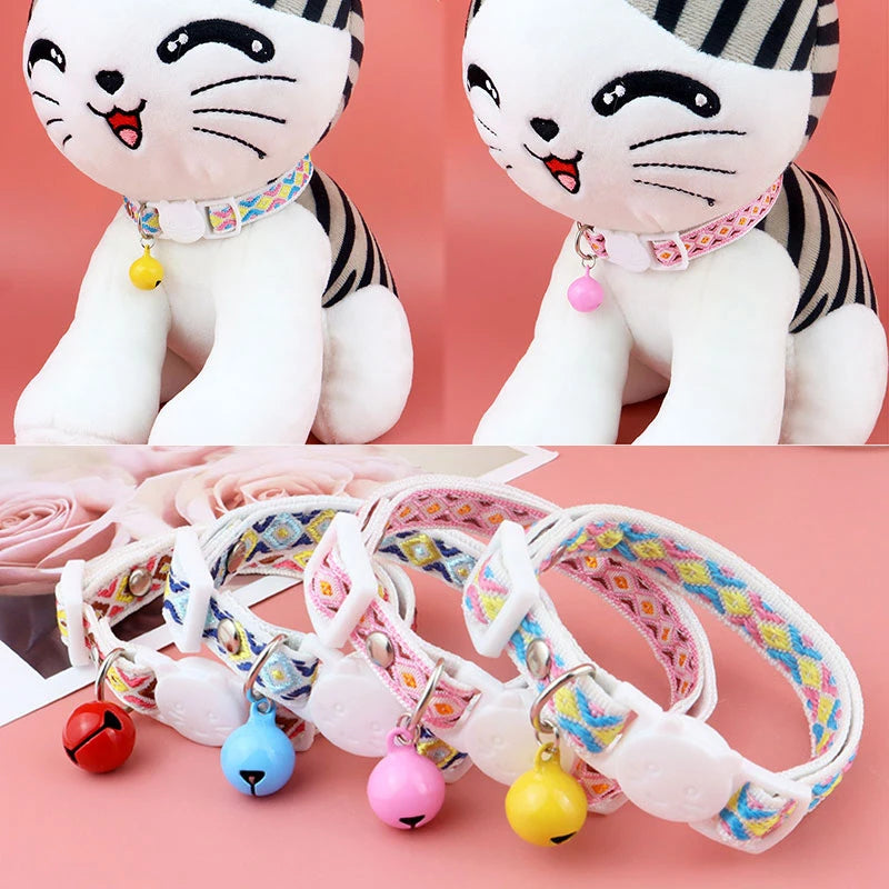 New Beautiful Printing Cat Collars Plaid Jacquard Collars Adjustable Anti-Lost Bell Collars Colorful Cute Pretty Pet Supplies