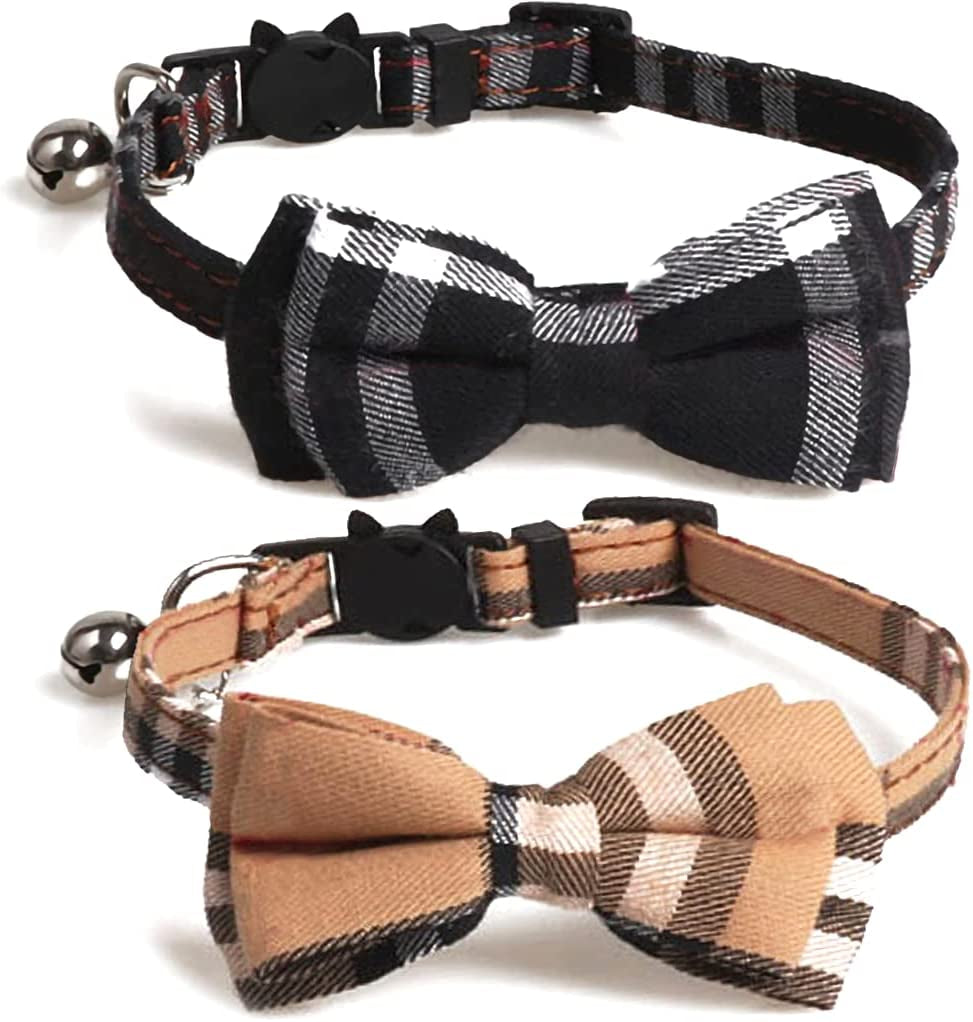 2 Pack/Set Cat Collar Breakaway with Cute Bow Tie and Bell for Kitty and Some Puppies, Adjustable from 7.8-10.5 Inch