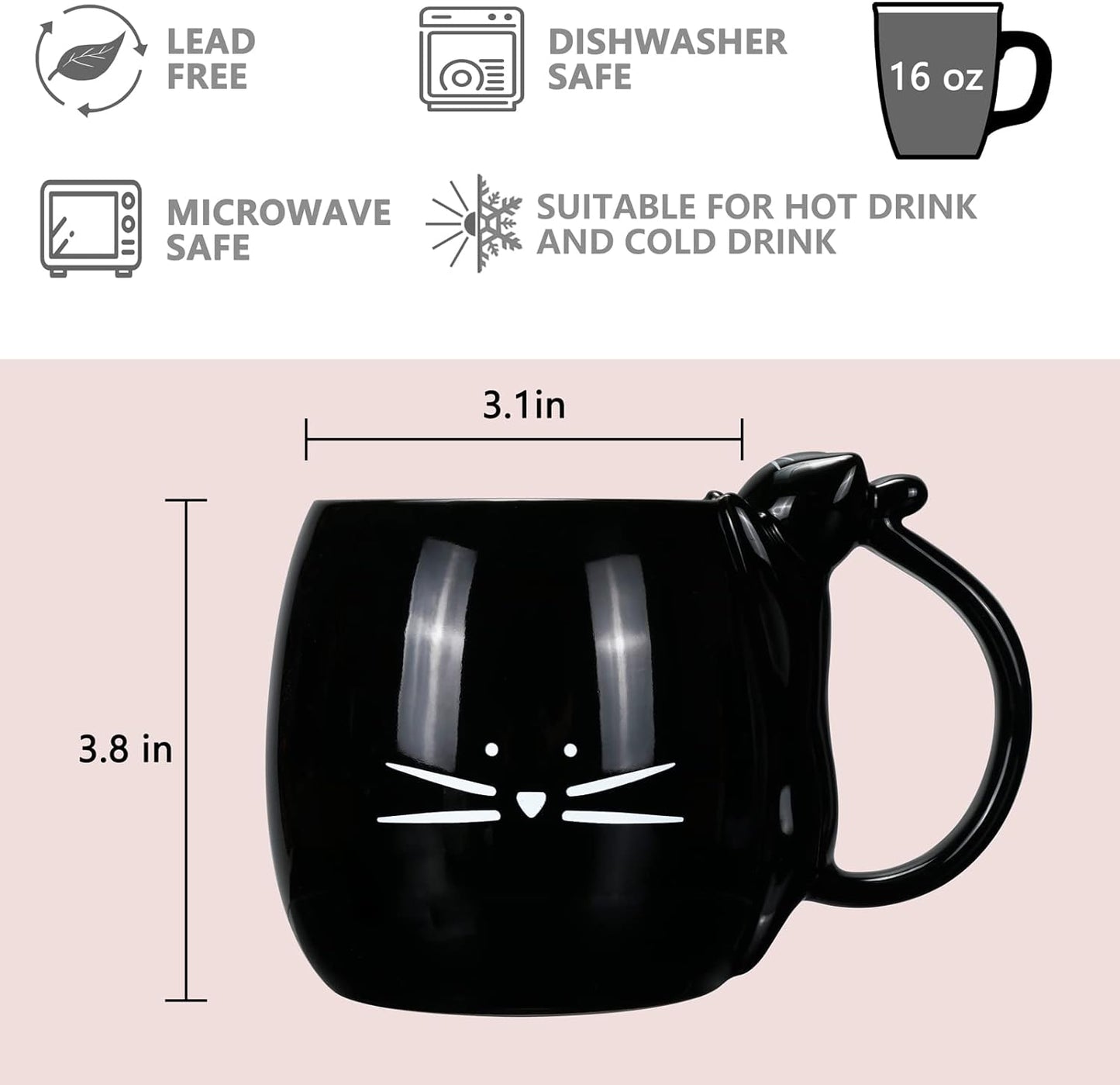 Coffee Mug Cute Cat Mug Gift for Cat Lovers Ceramic Tea Mugs Black 16 Oz