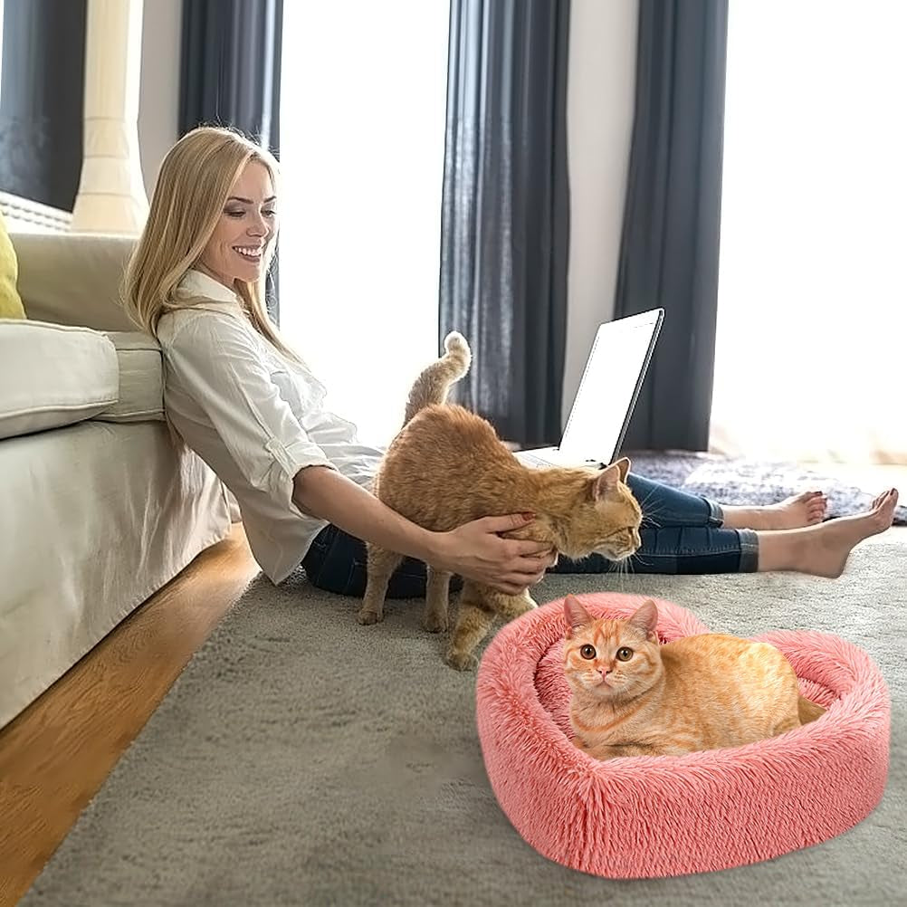 Cat Beds for Indoor Cats - Heart Cat Bed with Removable Washable Cushioned Pillow, Fits Cats up to 30 Lbs or Puppy Bed for Small Dogs, Faux Fur Self Warming Pet Bed Non-Slip Cat House, Pink