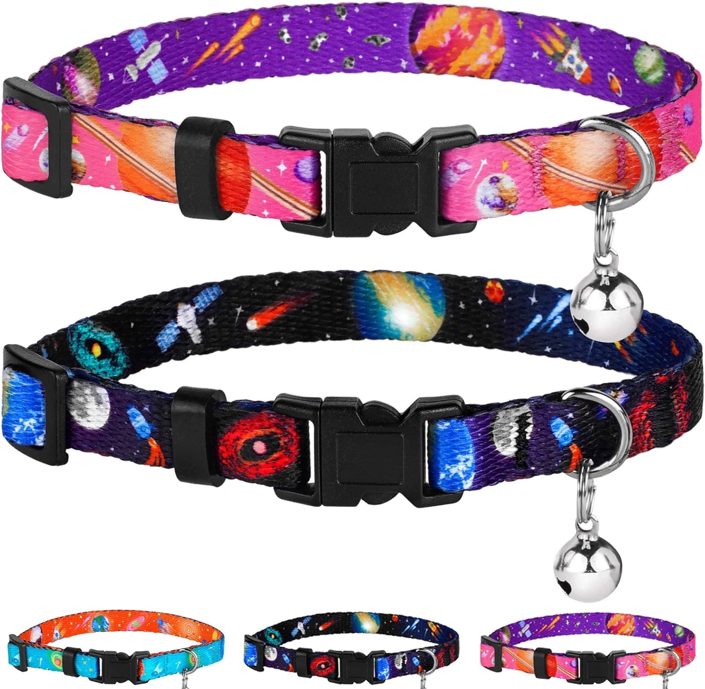 Galaxy Cat Collar with Bell Space Pattern 2Pcs Adjustable Safety Breakaway Collars for Cats Kitten Black Pink Blue (Black + Pink)