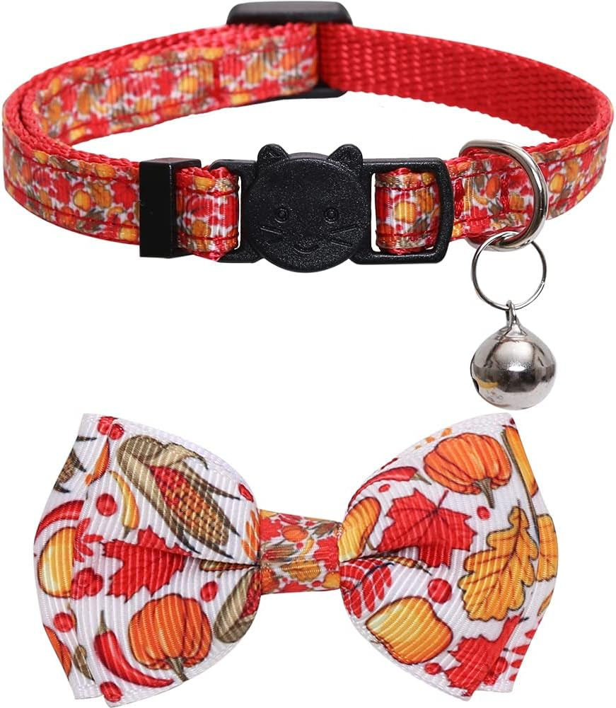 Thanksgiving Cat Collar Fall Autumn Breakaway with Bow Tie and Bell for Kitty Adjustable Safety