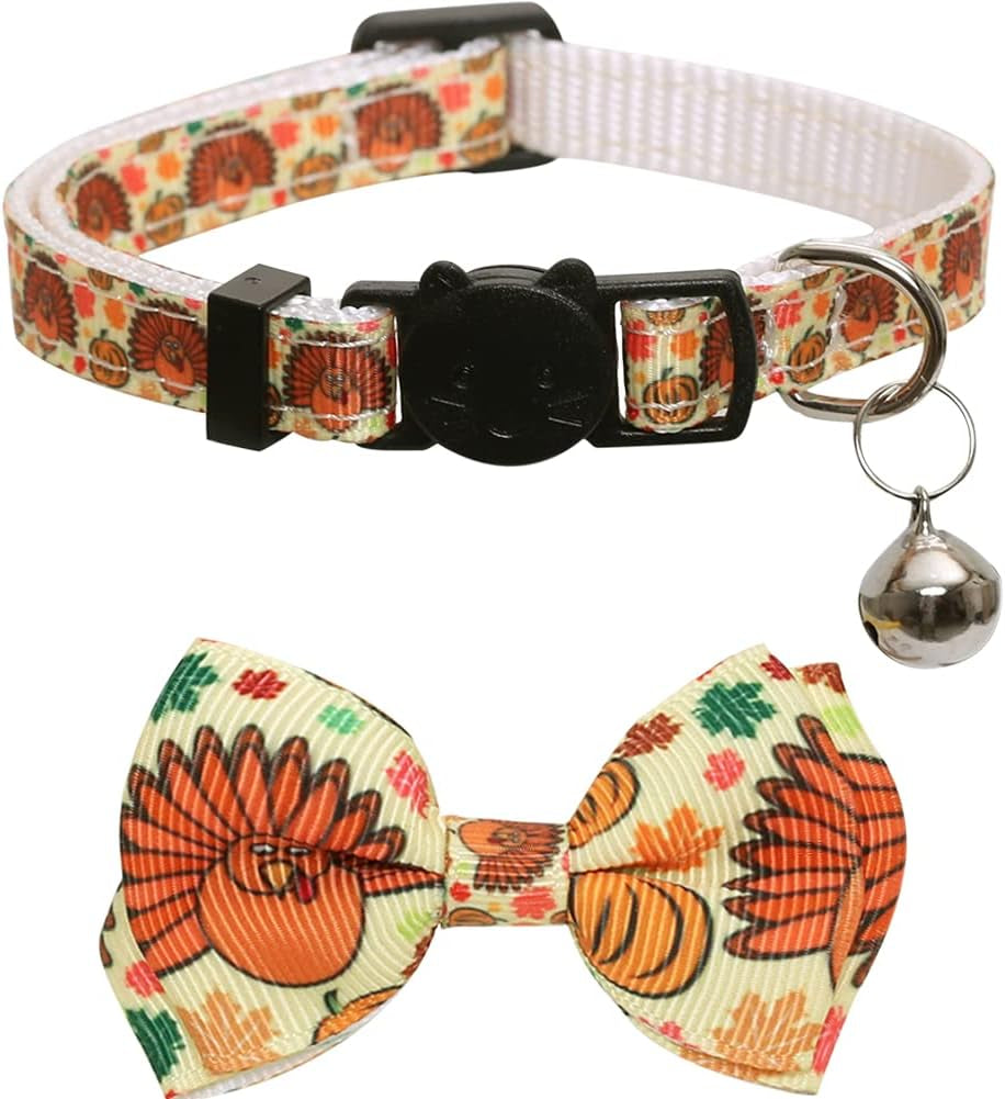 Thanksgiving Cat Collar Fall Autumn Breakaway with Bow Tie and Bell for Kitty Adjustable Safety