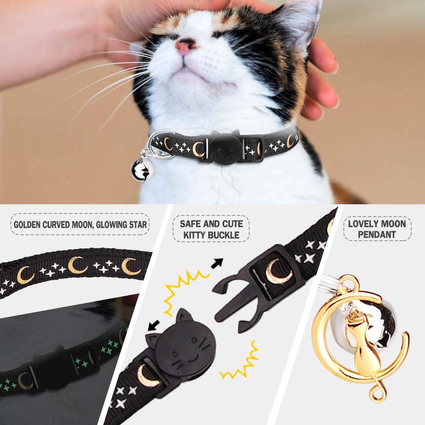 2 PCS Breakaway Cat Collar with Bow Tie and Bell Golden Moon Glowing Star in the Dark for Kitten(Black&Purple)