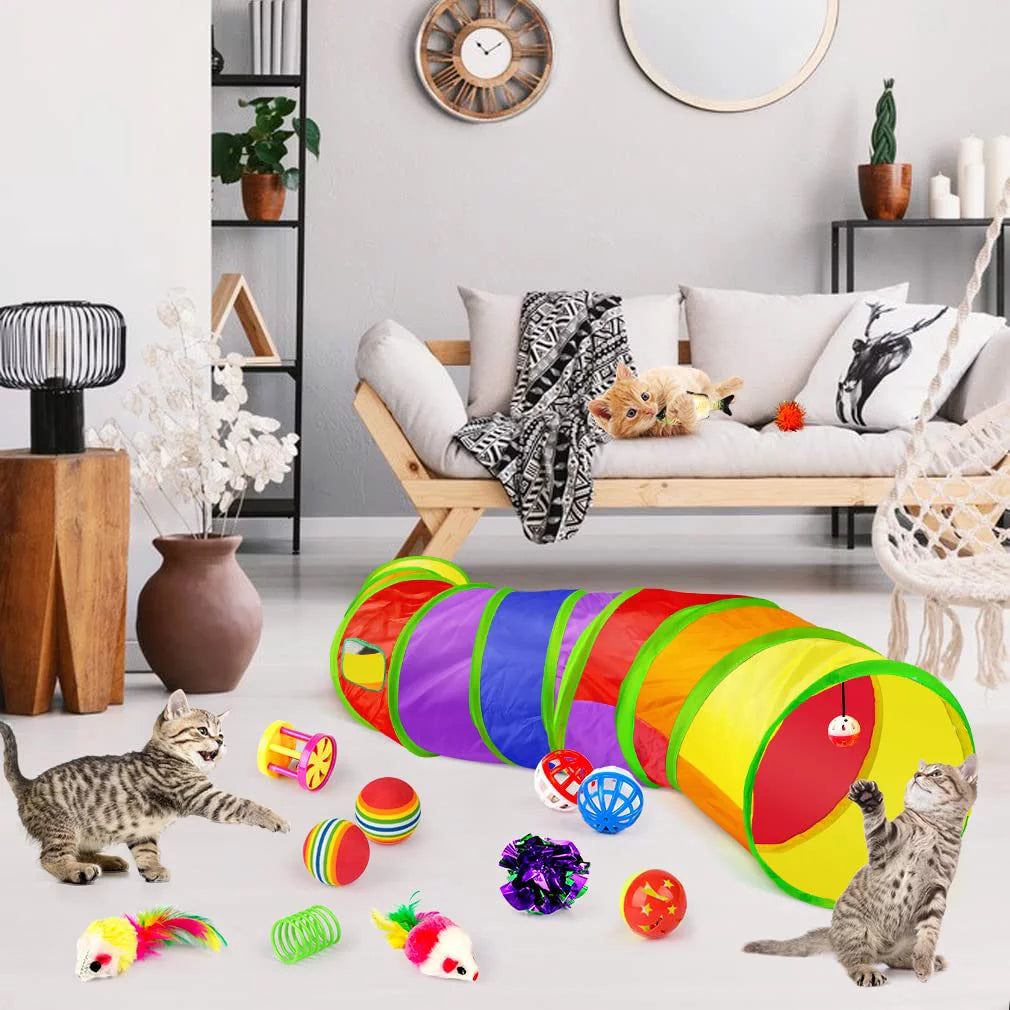 32 PCS Cat Toys Kitten Toys, Variety Catnip Toys with Rainbow Tunnel Interactive Cat Feather Teaser Spring Toy Set for Cat, Kitty