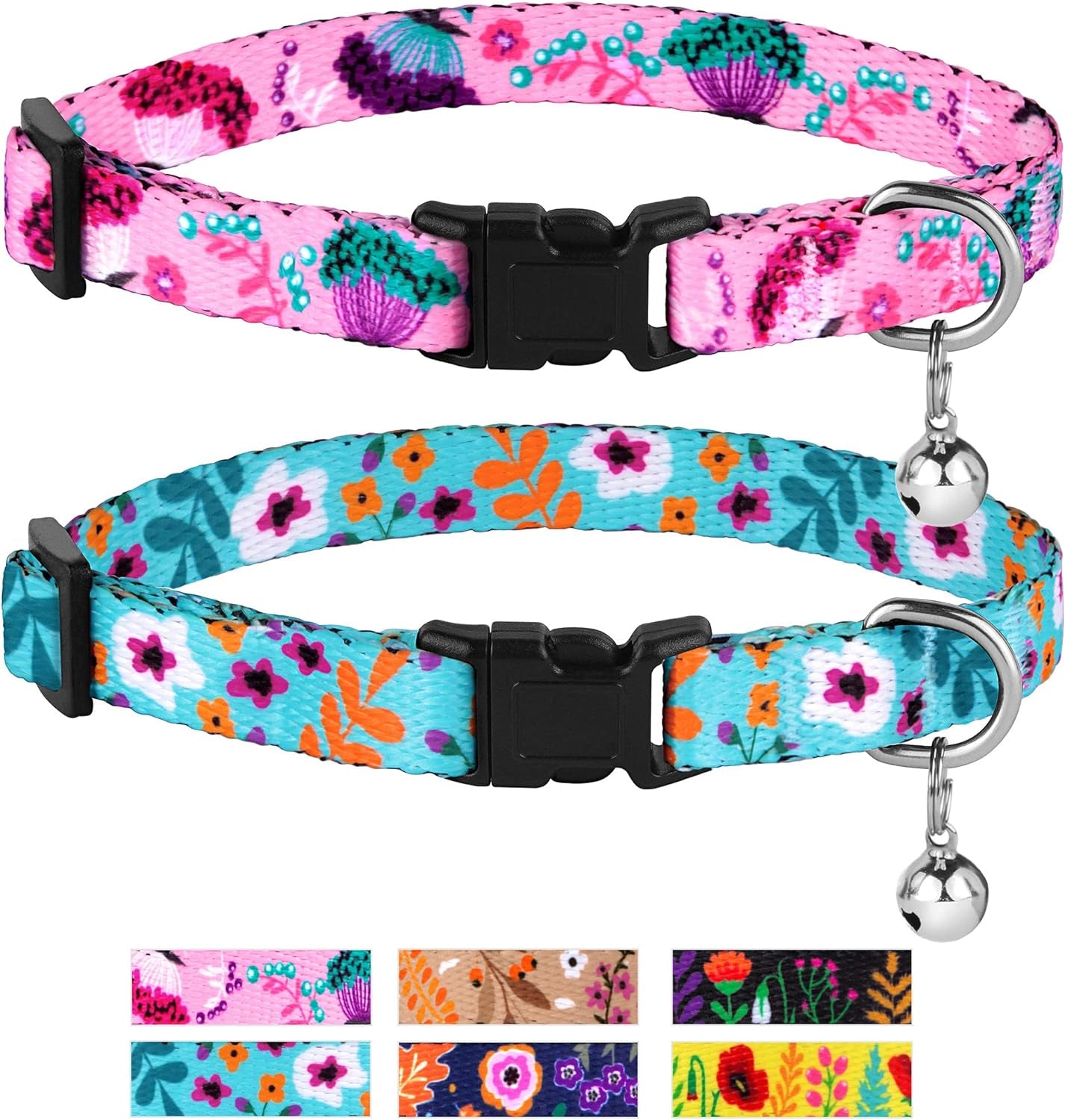 Cat Collar with Bell Floral Pattern 2 Pack Set Flower Adjustable Safety Breakaway Collars for Cats Kitten (Pink + Aquamarine)