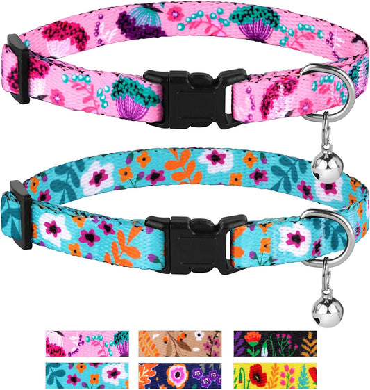 Cat Collar with Bell Floral Pattern 2 Pack Set Flower Adjustable Safety Breakaway Collars for Cats Kitten (Pink + Aquamarine)