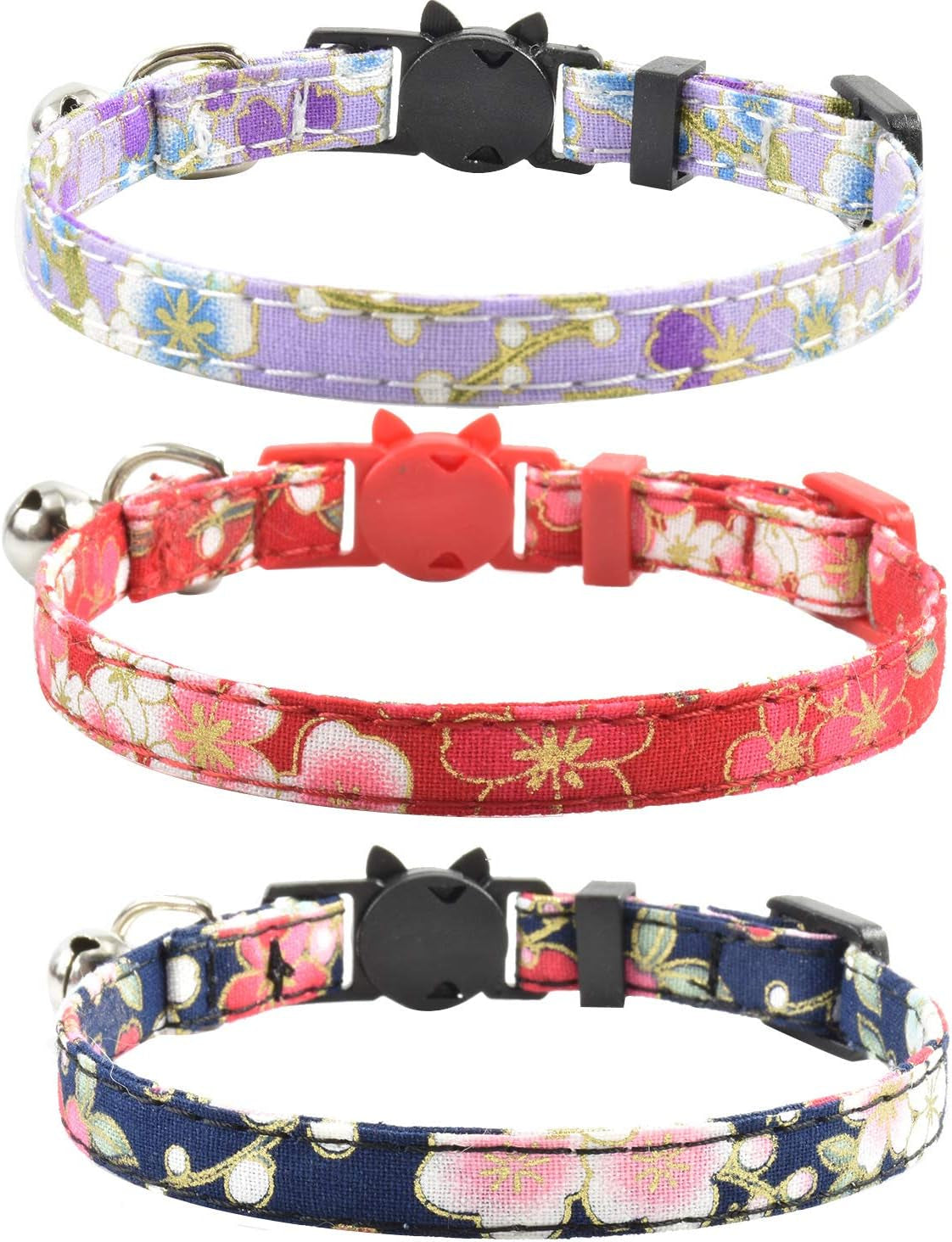 Breakaway Cat Collars with Bell, Set of 3, Durable & Safe Cute Kitten Collars Safety Adjustable Kitty Collar for Cat Puppy 7.5-11In (Purple,Red,Blue1)