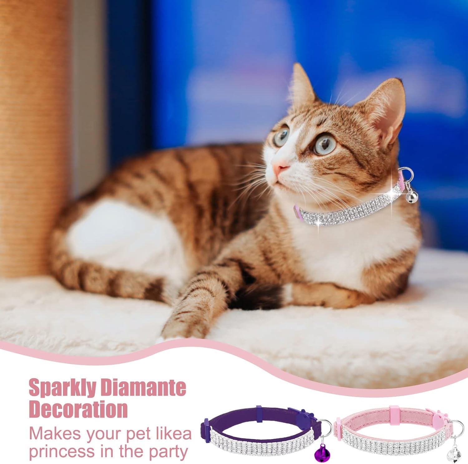 Soft Velvet Safe Cat Collars for Girl Cats -2 Pack Rhinestones Bling Diamante Adjustable Collars - Cat Collar Breakaway with Bells for Boy Cats Kitty and Small Dogs