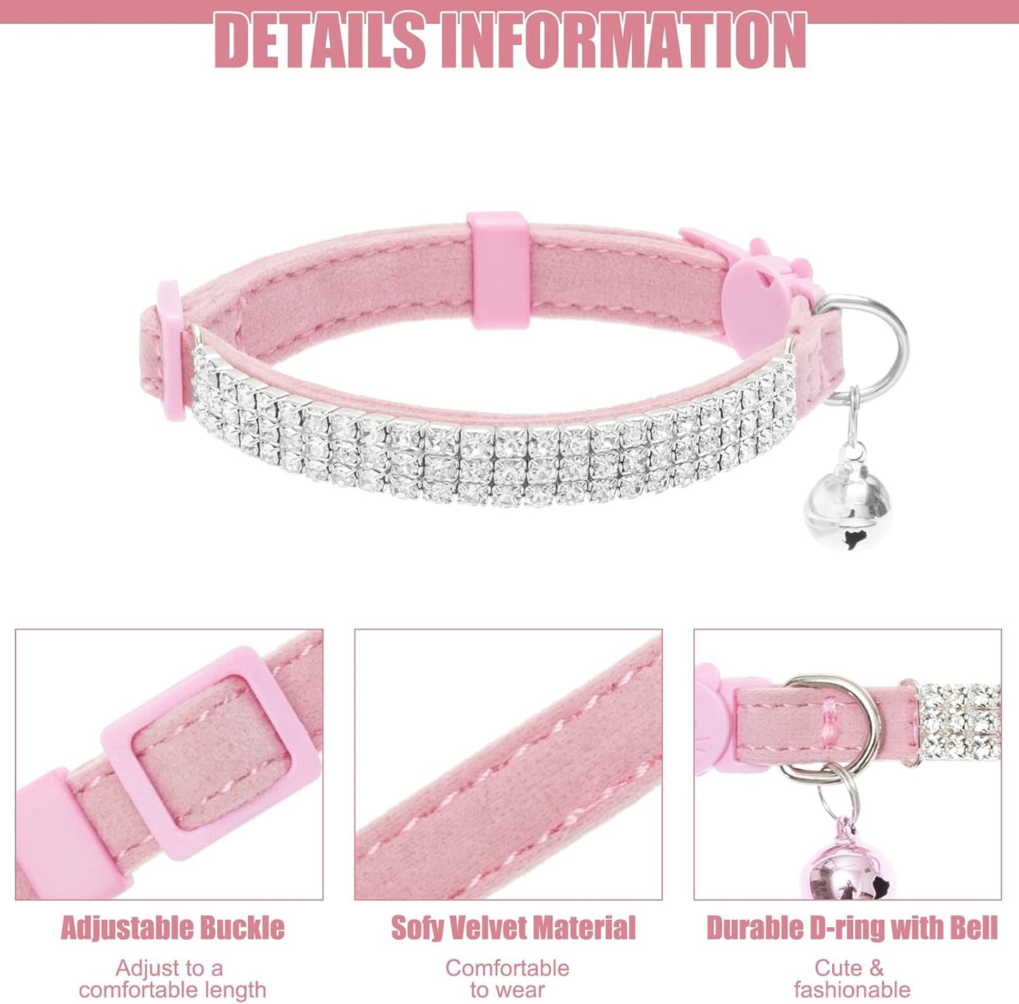 Soft Velvet Safe Cat Collars for Girl Cats -2 Pack Rhinestones Bling Diamante Adjustable Collars - Cat Collar Breakaway with Bells for Boy Cats Kitty and Small Dogs