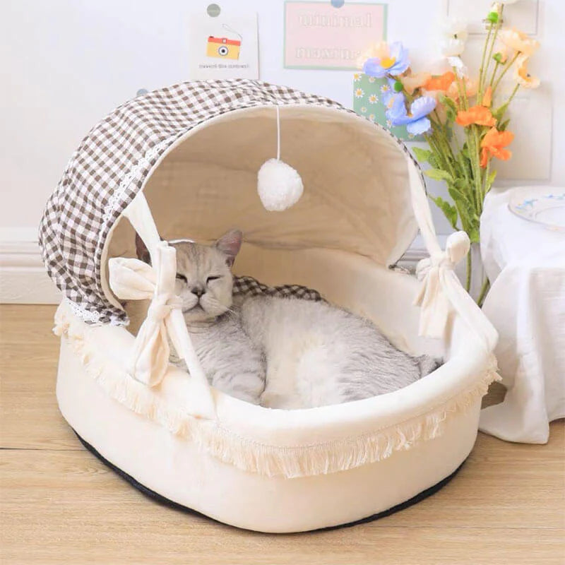 Cat Beds for Indoor Cats - Cat Cradle Semi-Enclosed House with Fluffy Ball Hanging