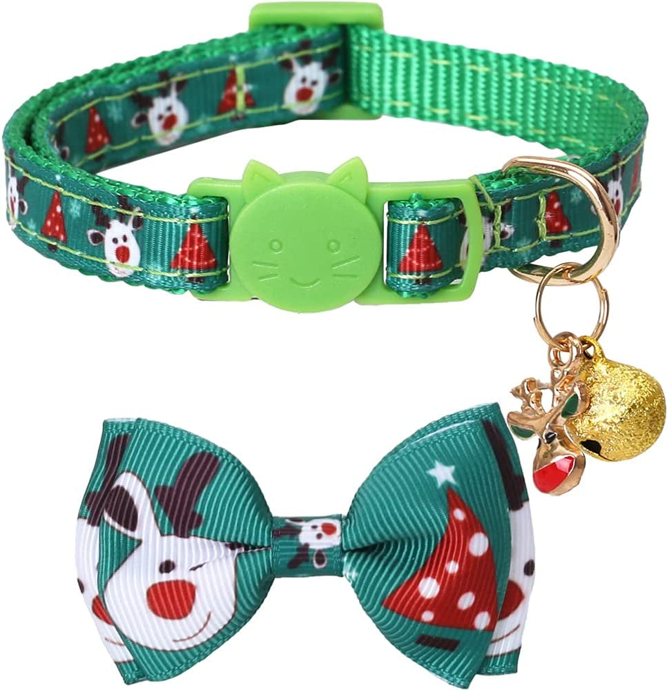 Christmas Cat Collar Breakaway with Bow Tie and Bell for Kitty Adjustable Safety