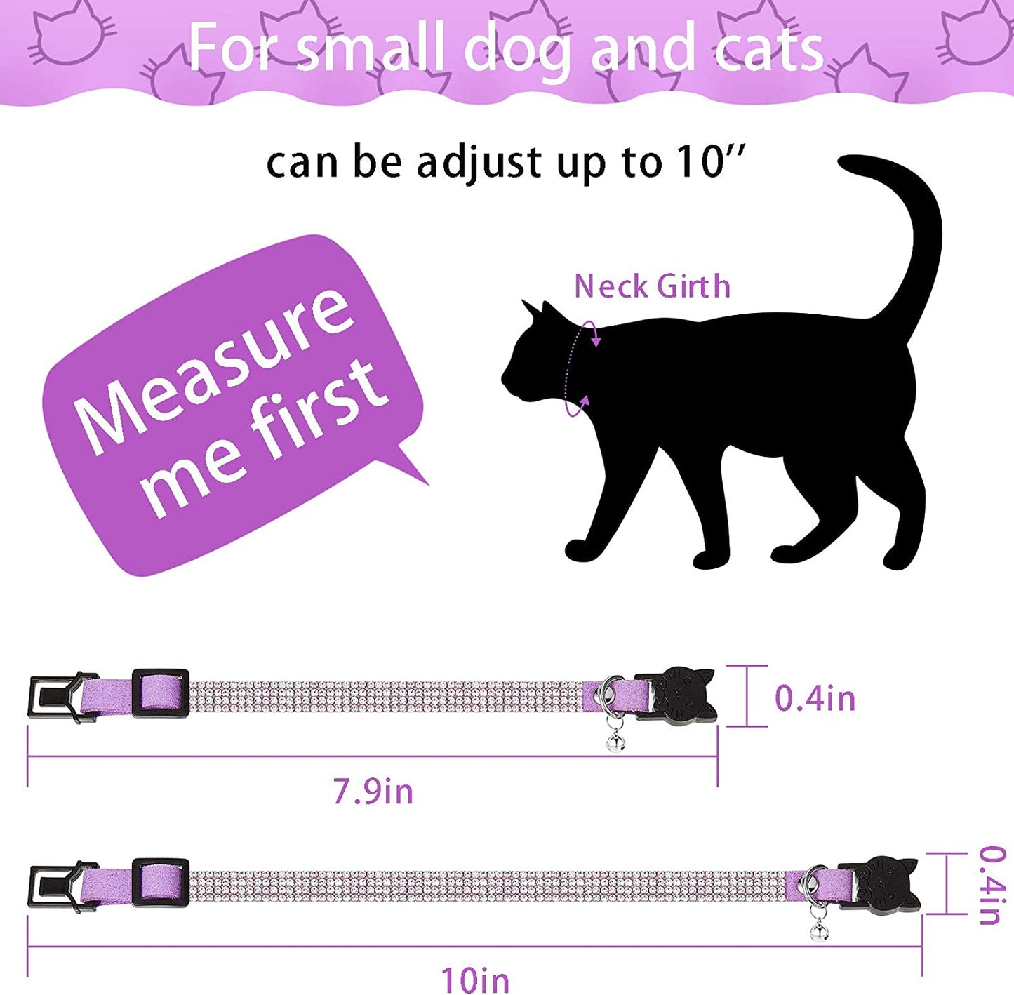 4 Pieces Rhinestones Cat Collars Breakaway Cat Collar with Bell Bling Pet Collars with Soft Velvet, 4 Colors (Purple, Blue, Gold, Pink,Xs)