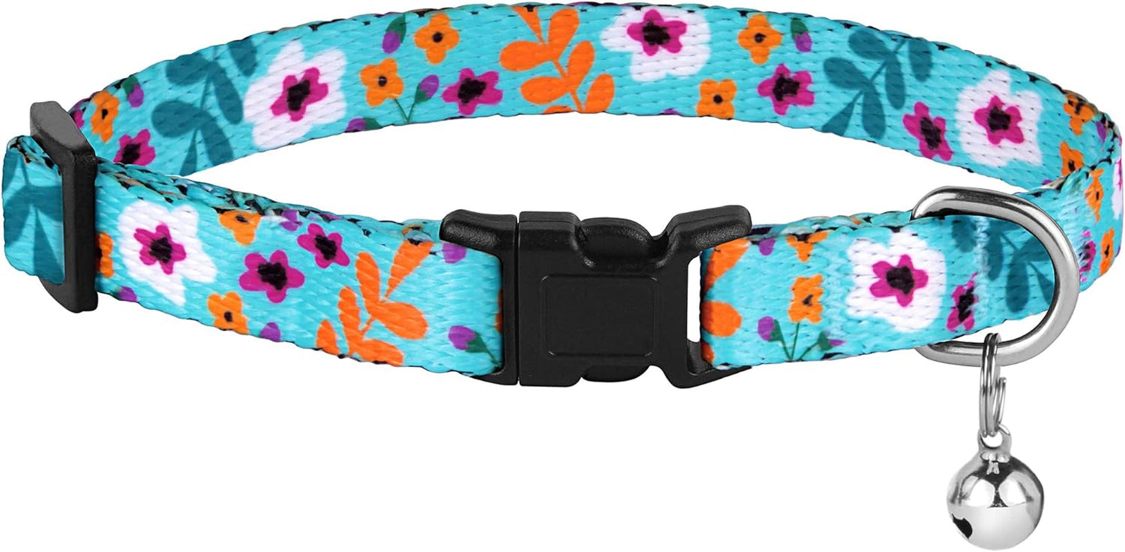 Cat Collar with Bell Floral Pattern 2 Pack Set Flower Adjustable Safety Breakaway Collars for Cats Kitten (Pink + Aquamarine)