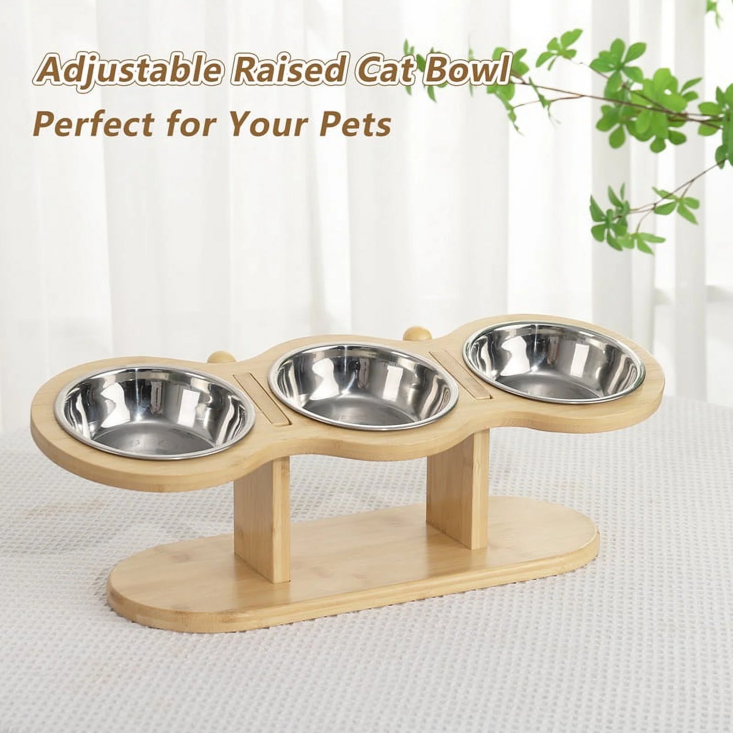 Wooden Elevated Cat Bowls, 15Â° Tilted Raised Pet Food Bowls, Adjustable Cat Dog Bowl Feeding Station with 3 Stainless Steel Bowls for Cats Puppy Small Dogs Feeder