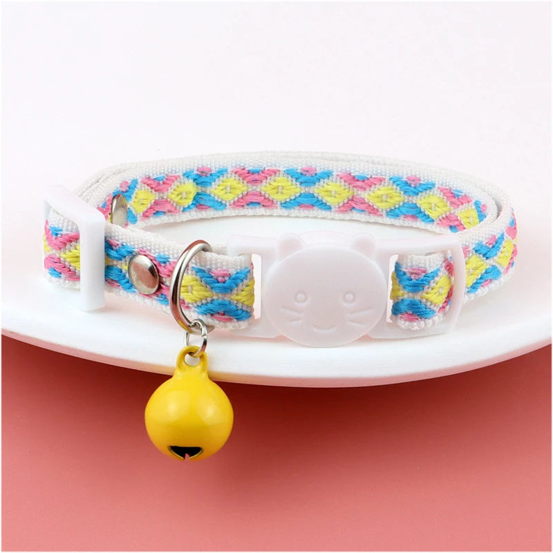 New Beautiful Printing Cat Collars Plaid Jacquard Collars Adjustable Anti-Lost Bell Collars Colorful Cute Pretty Pet Supplies