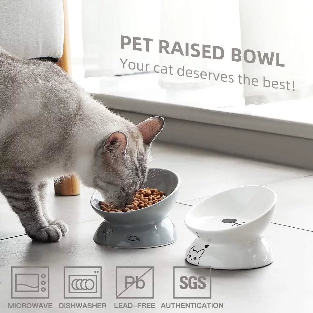 Ceramic Raised Cat Food Bowl, Tilted Ceramic Pet Bowls,5 Oz,White