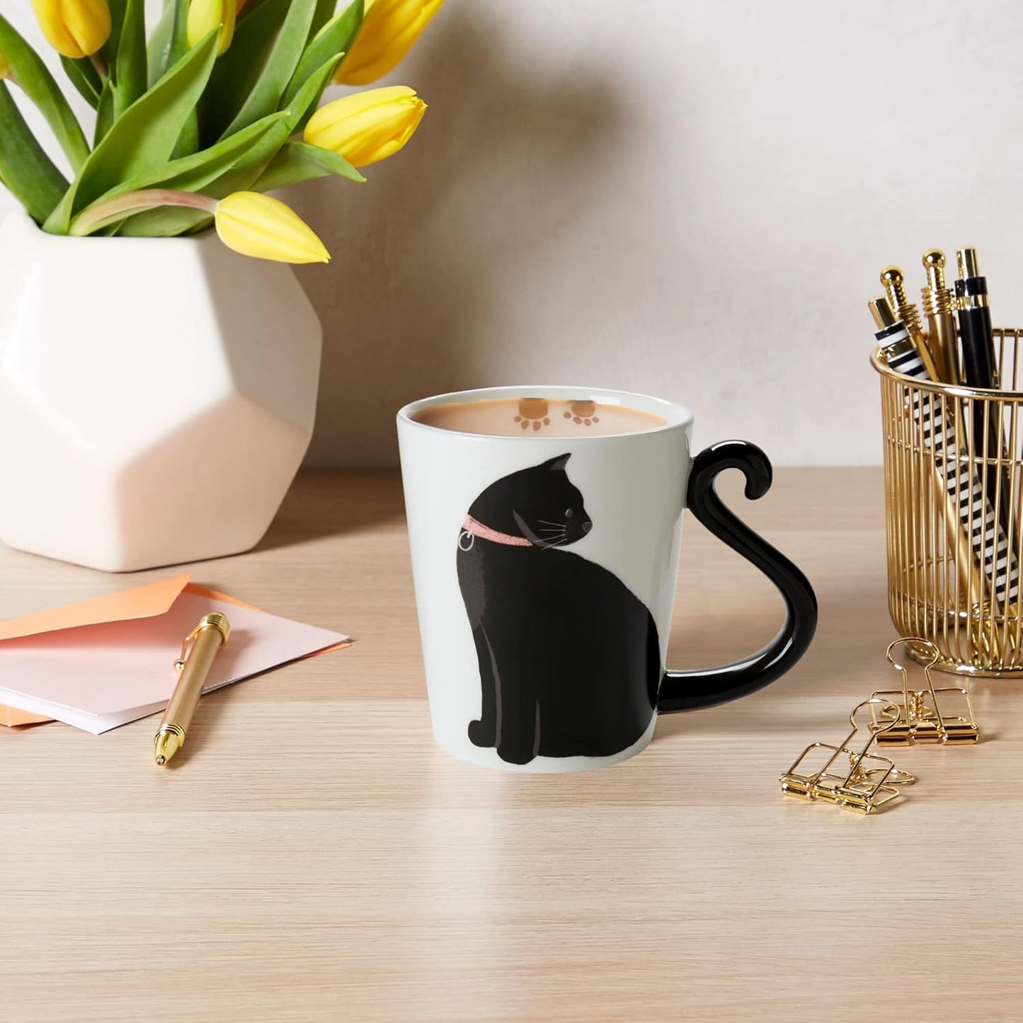 White Ceramic Coffee Mug or Tea Mugs: Animal Shaped Coffee Mugs with Hand Printed Designs and Printed Saying - 12 Fluid Ounce Large, Cute Handmade Cup (Cat Coffee Cup Ceramic) Black Cat Gifts