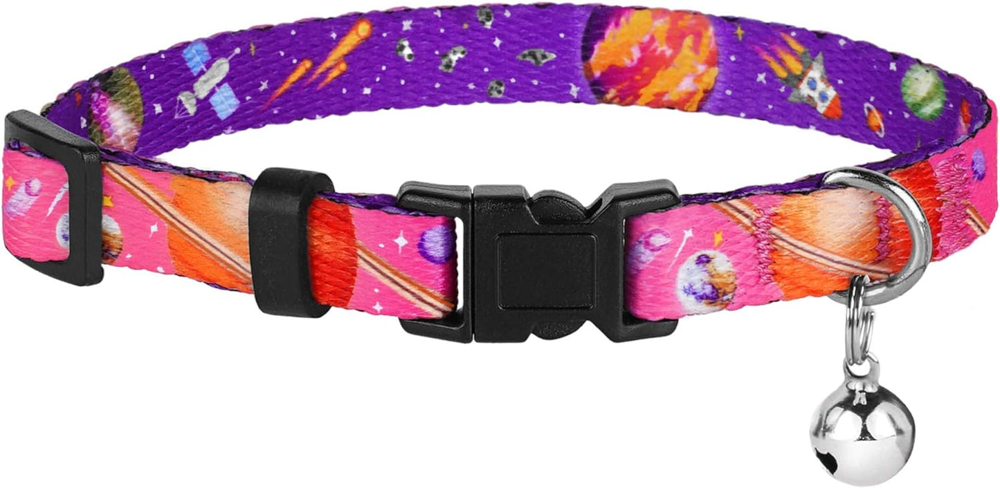 Galaxy Cat Collar with Bell Space Pattern 2Pcs Adjustable Safety Breakaway Collars for Cats Kitten Black Pink Blue (Black + Pink)