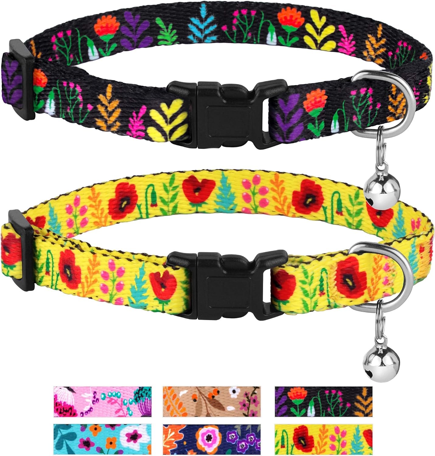 Cat Collar with Bell Floral Pattern 2 Pack Set Flower Adjustable Safety Breakaway Collars for Cats Kitten (Black + Yellow)