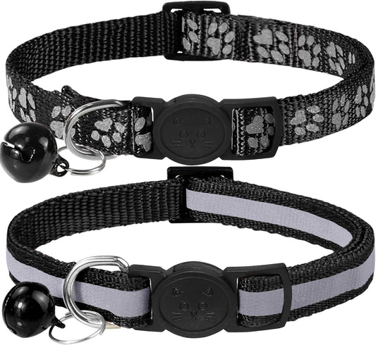 Reflective Cat Collar Breakaway with Bells, 2 Pack Girl Boy Pet Cat Collar Adjustable 7.5-12.5 Inch, Black