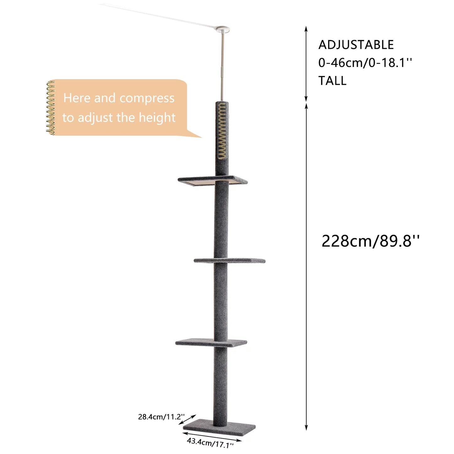 90-107" Floor to Ceiling Cat Tree Tower 4 Tier Tall Cat Climbing Posts Adjustable, Gray