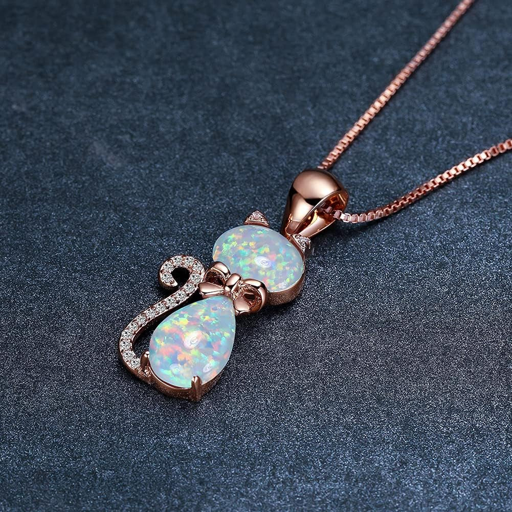 Opal Cat Necklace, 925 Sterling Silver Cat Jewelry Cat Necklace for Women, Cat Gifts for Cat Lovers