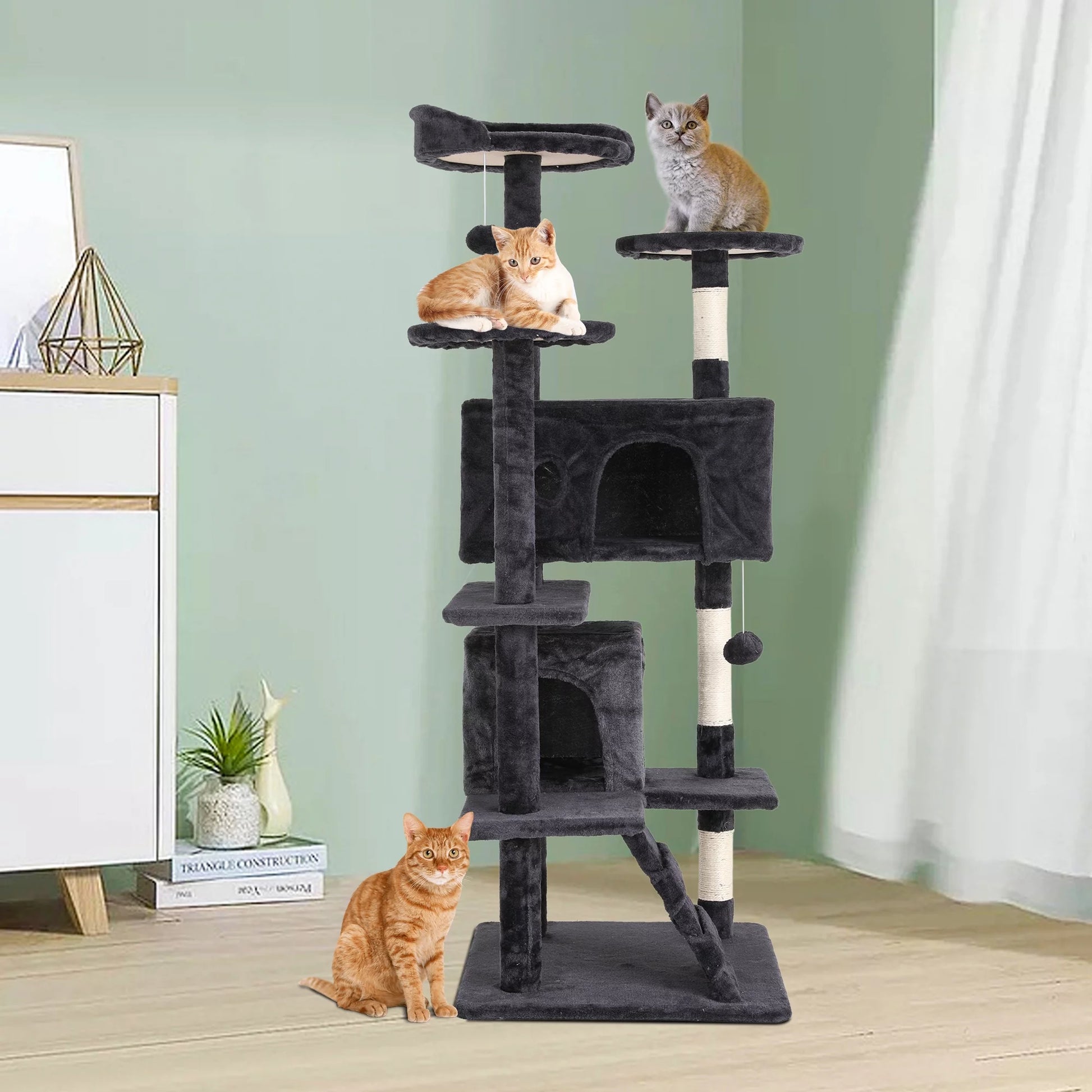 54-In Double Condo Cat Tree Tower Playhouse with Scratching Post for Indoor, Dark Gray