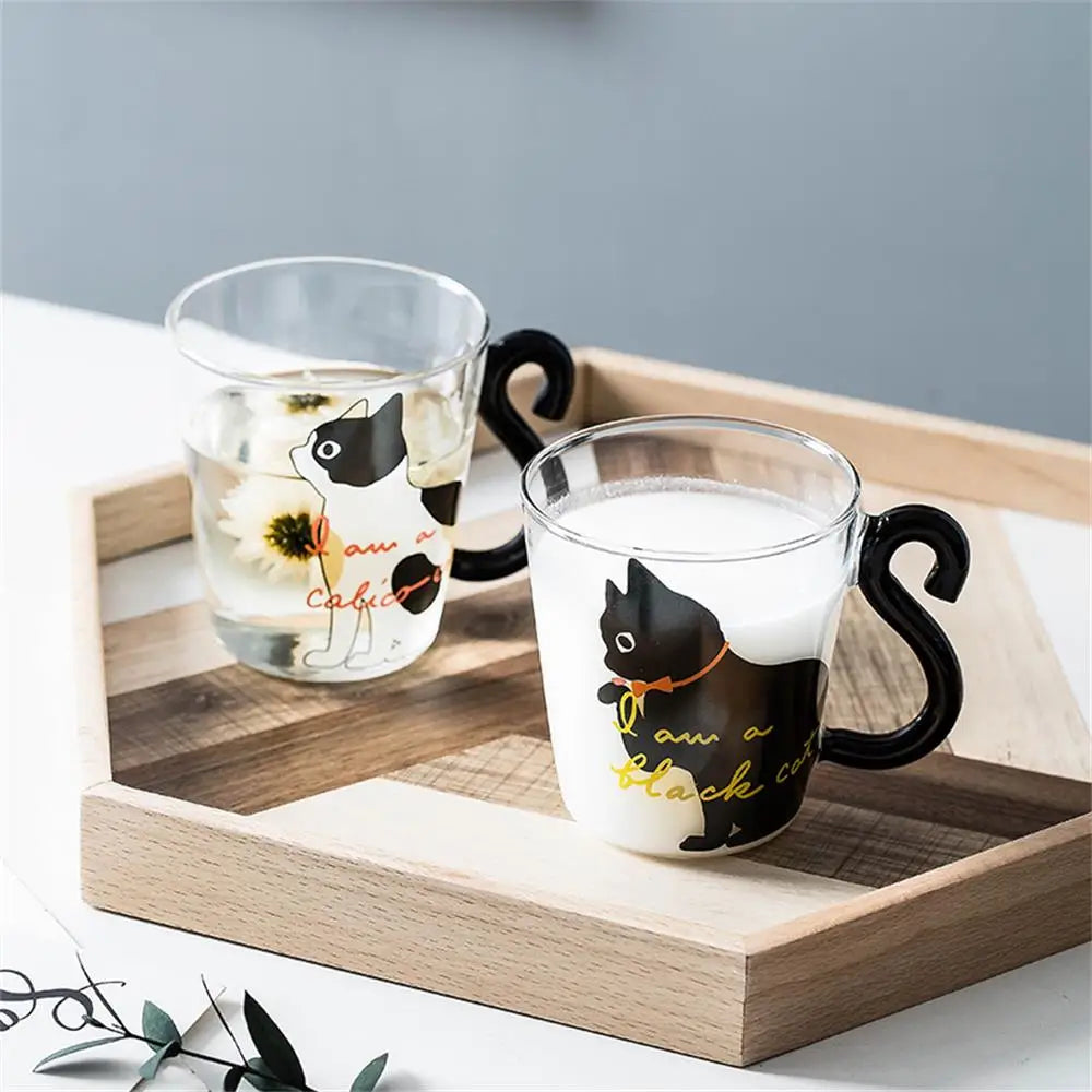 250 Ml Cute Black Cat Glass Coffee Mug Set Handgrip Animal Shaped Milk Water Juice Mugs Tea Cup Japanese Style Kawaii Gift Home