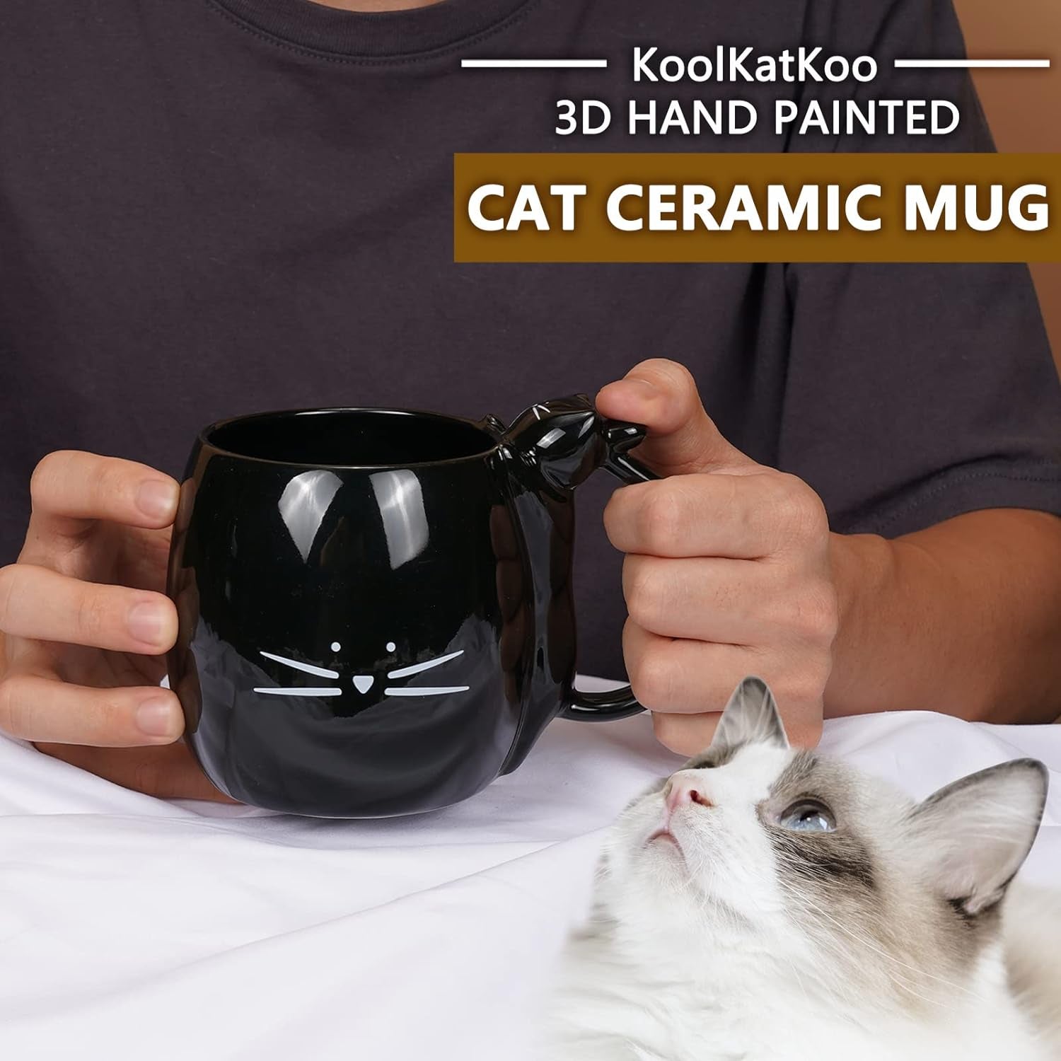 Coffee Mug Cute Cat Mug Gift for Cat Lovers Ceramic Tea Mugs Black 16 Oz