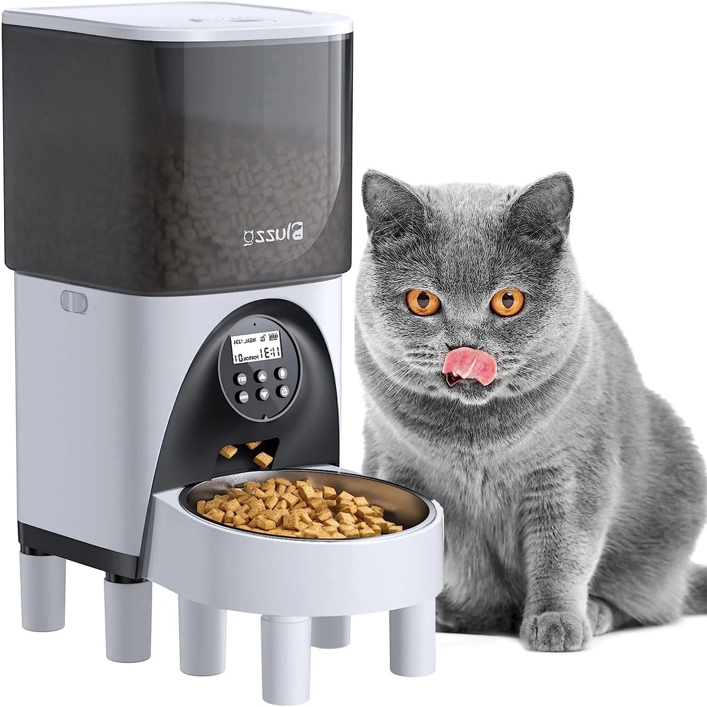 Automatic Cat Feeders with Stainless Steel Bowl, 4.5L Timer Cat Food Dispenser Heighten Feet Design, Cat Dog Feeder up to 20 Portion 4 Meals Daily, Pet Feeder with Desiccant Bag, 10S Voice Recorder