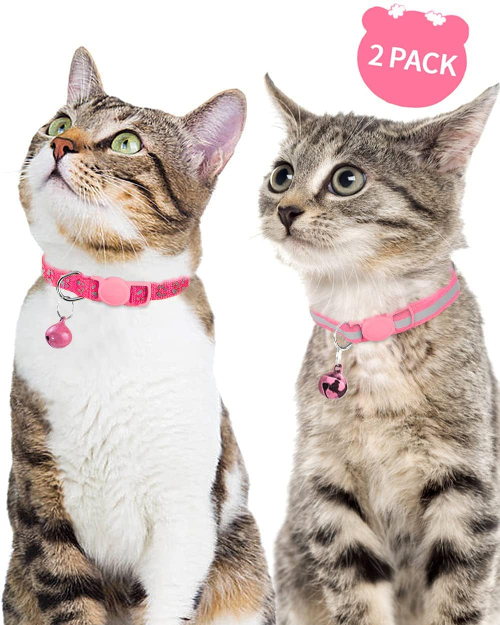 Reflective Cat Collar Breakaway with Bells, 2 Pack Girl Boy Pet Cat Collar Adjustable 7.5-12.5 Inch, Pink