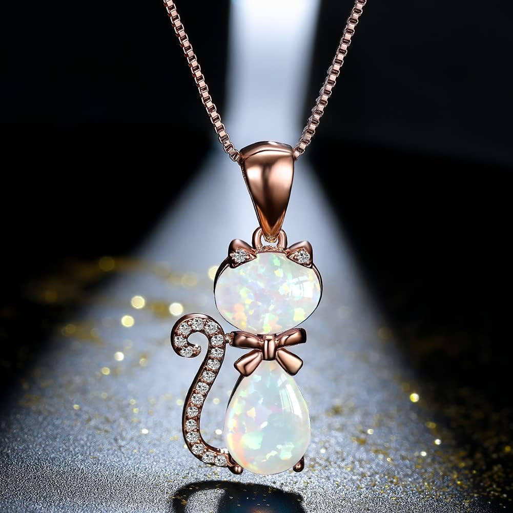 Opal Cat Necklace, 925 Sterling Silver Cat Jewelry Cat Necklace for Women, Cat Gifts for Cat Lovers