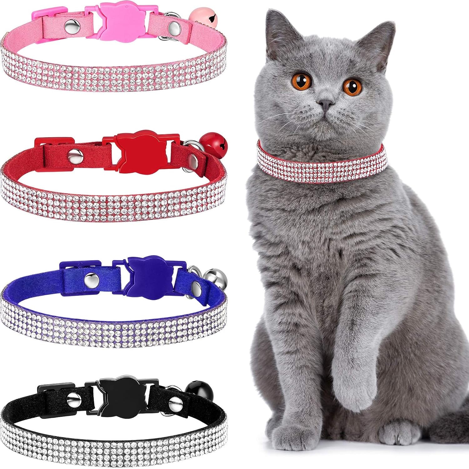 4 Pieces Rhinestones Cat Collars Breakaway Cat Collar with Bell Bling Pet Collars with Soft Velvet, 4 Colors (Pink, Red, Black, Blue,S)