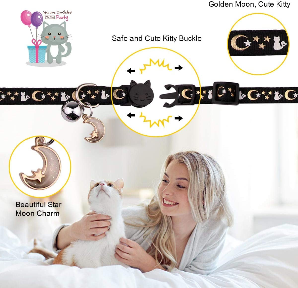 2PCS Breakaway Cat Collars with Bell Moons Stars Cute Kitty Adjustable Safe Kitten Collars with Pendant Glow in the Dark(Black&Purple)