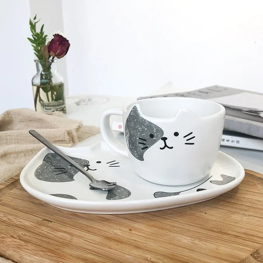 200ML Cartoon Creative Cat Ceramic Mugs Coffee Cups Dish Set with Tray and Spoon Cute Restaurant Afternoon Tea