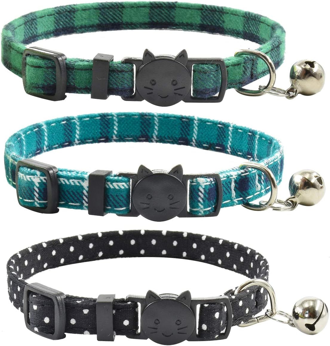 Breakaway Cat Collars with Bell, Set of 3, Durable & Safe Cute Kitten Collars Safety Adjustable Kitty Collar for Cat Puppy 7.5-11In (Green,Cyan,Black)