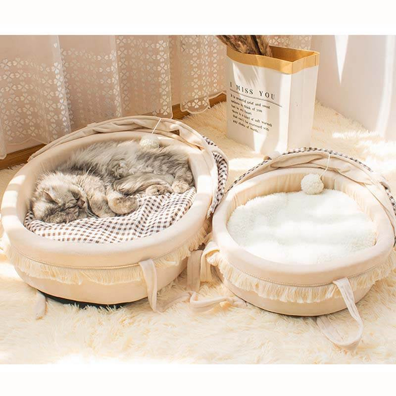 Cat Beds for Indoor Cats - Cat Cradle Semi-Enclosed House with Fluffy Ball Hanging