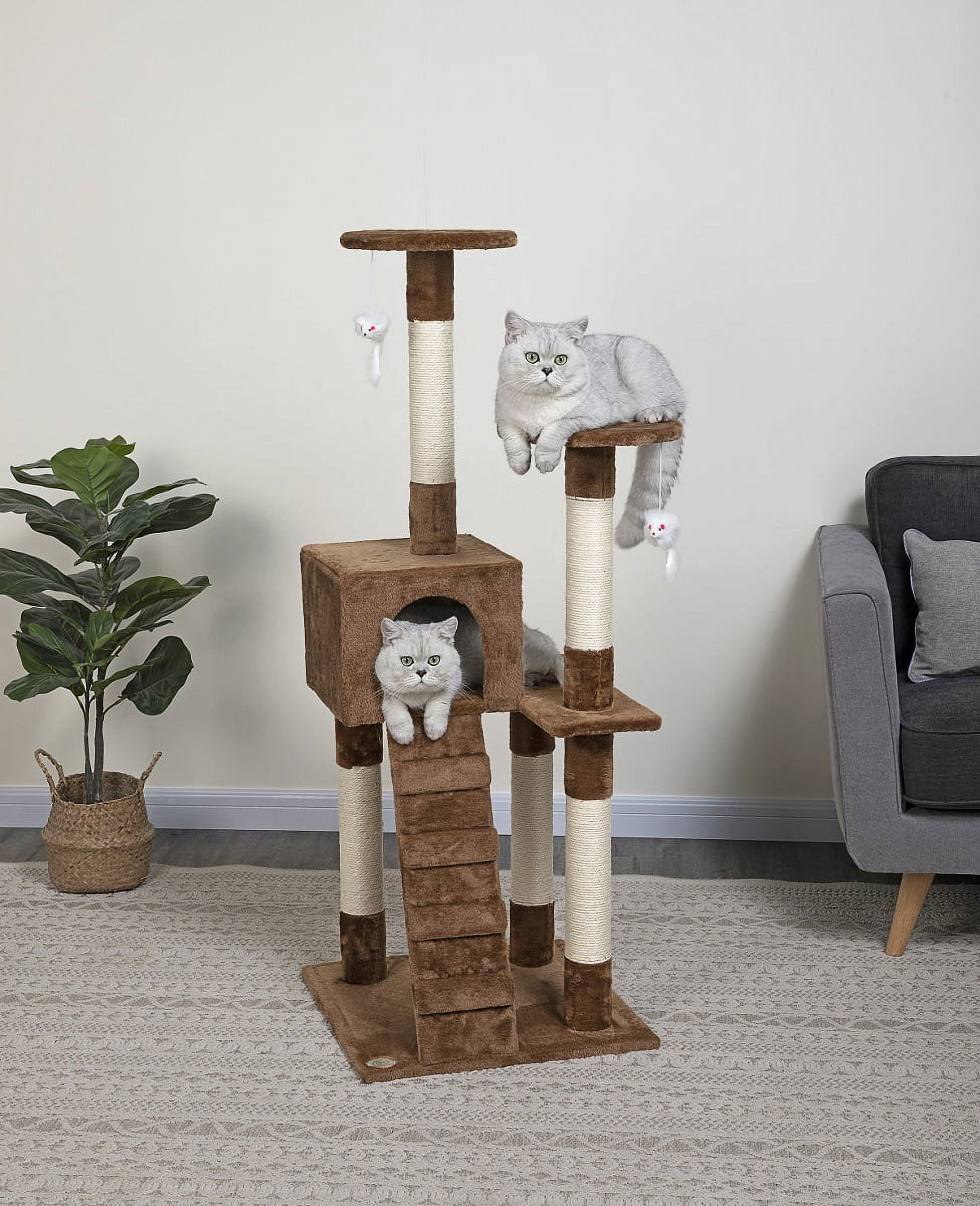 52-In Cat Tree & Condo Scratching Post Tower, Brown