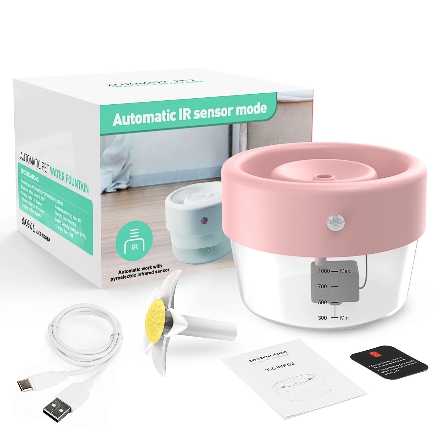 Cat Water Fountain, 1000Mah Battery, 1L Automatic Pet Drinking Fountain, Pink