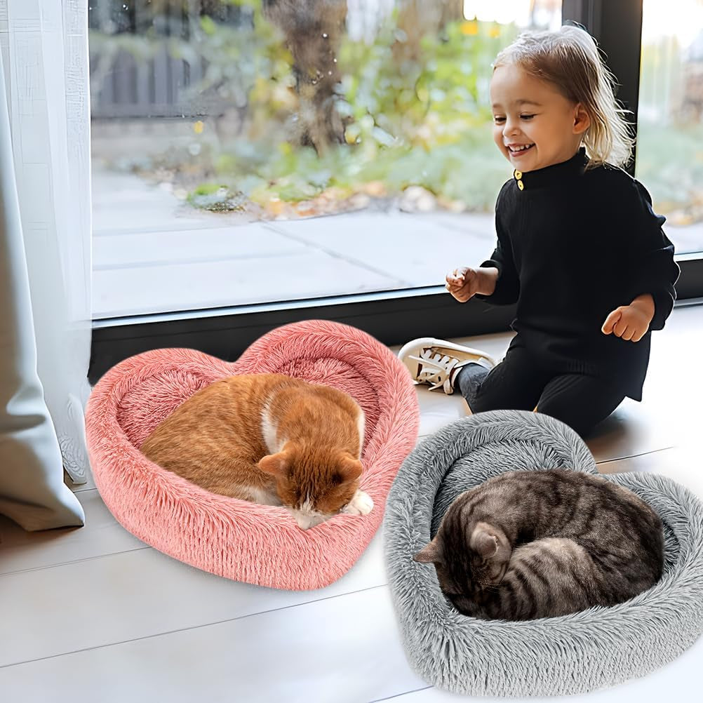 Cat Beds for Indoor Cats - Heart Cat Bed with Removable Washable Cushioned Pillow, Fits Cats up to 30 Lbs or Puppy Bed for Small Dogs, Faux Fur Self Warming Pet Bed Non-Slip Cat House, Pink